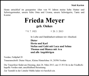 Traueranzeige von Frieda Meyer von Ostfriesischer Kurier