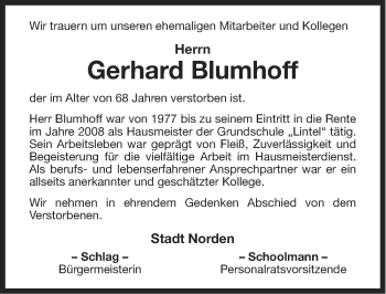 Traueranzeige von Gerhard Blumhoff von Ostfriesischer Kurier