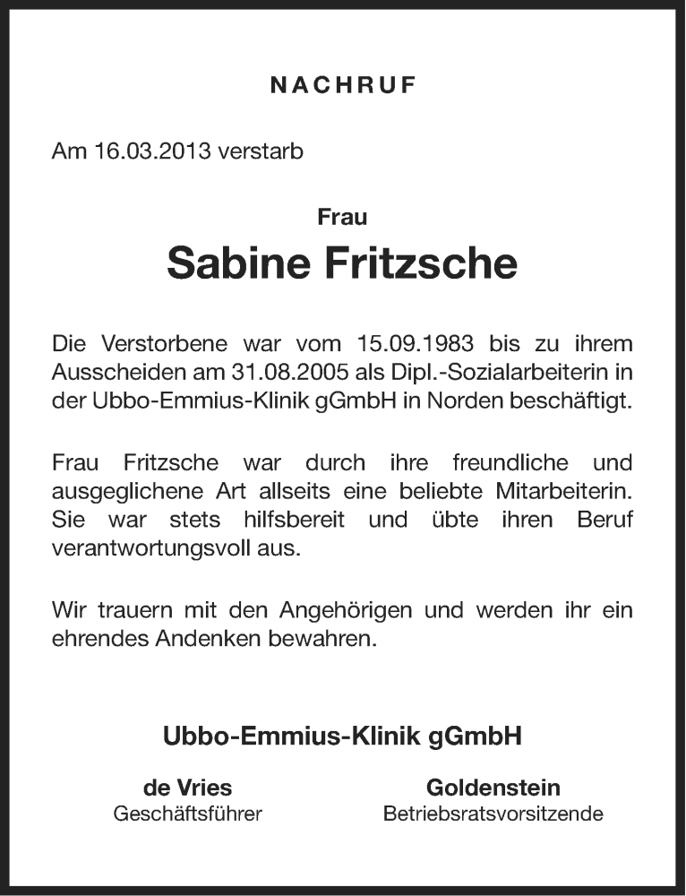  Traueranzeige für Sabine Fritzsche vom 22.03.2013 aus Ostfriesischer Kurier