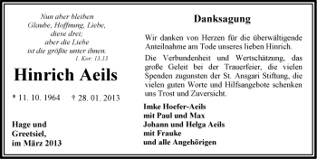 Traueranzeige von Hinrich Aeils von Ostfriesischer Kurier