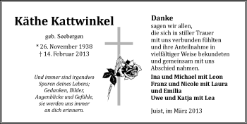 Traueranzeige von Käthe Kattwinkel von Ostfriesischer Kurier
