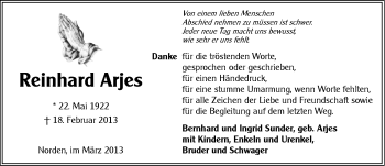 Traueranzeige von Reinhard Arjes von Ostfriesischer Kurier