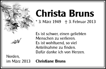 Traueranzeige von Christa Bruns von Ostfriesischer Kurier