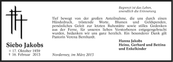 Traueranzeige von Siebo Jakobs von Ostfriesischer Kurier