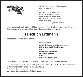 Traueranzeige von Friedrich Erdmann von Ostfriesischer Kurier