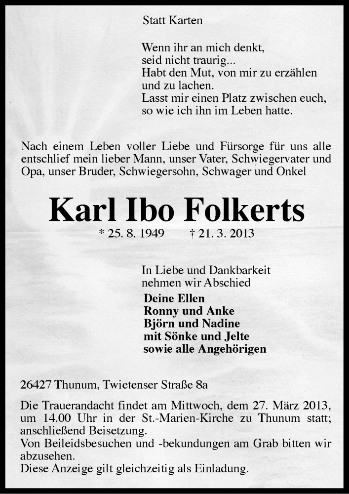  Traueranzeige für Karl Ibo Folkerts vom 23.03.2013 aus Ostfriesischer Kurier