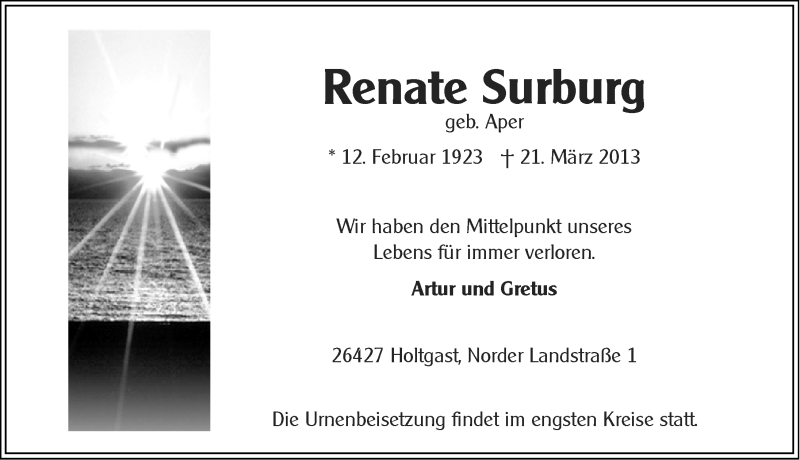  Traueranzeige für Renate Surburg vom 23.03.2013 aus Ostfriesischer Kurier