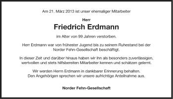 Traueranzeige von Friedrich Erdmann von Ostfriesischer Kurier