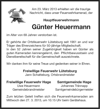 Traueranzeige von Günter Heuermann von Ostfriesischer Kurier