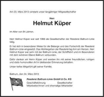 Traueranzeige von Helmut Küper von Ostfriesischer Kurier