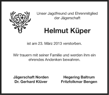 Traueranzeige von Helmut Küper von Ostfriesischer Kurier