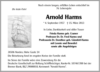 Traueranzeige von Arnold Harms von Ostfriesischer Kurier
