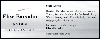Traueranzeige von Elise Barsuhn von Ostfriesischer Kurier