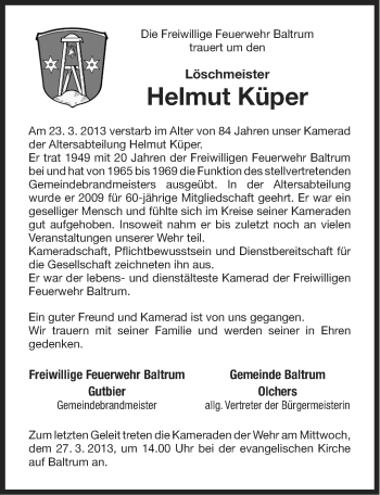 Traueranzeige von Helmut Küper von Ostfriesischer Kurier