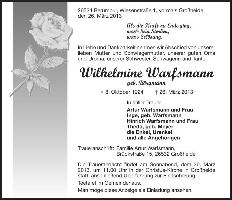  Traueranzeige für Wilhelmine Warfsmann vom 27.03.2013 aus Ostfriesischer Kurier