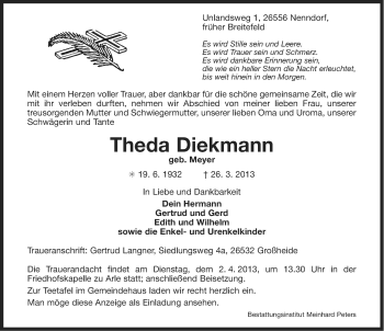 Traueranzeige von Theda Diekmann von Ostfriesischer Kurier