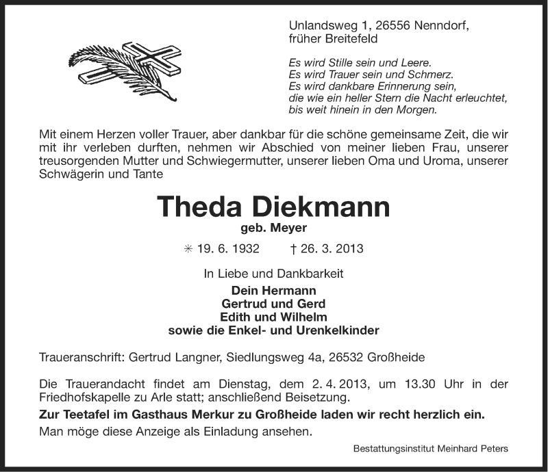  Traueranzeige für Theda Diekmann vom 28.03.2013 aus Ostfriesischer Kurier