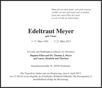 Traueranzeige von Edeltraut Meyer von Ostfriesischer Kurier
