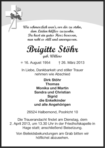 Traueranzeige von Brigitte Stöhr von Ostfriesischer Kurier