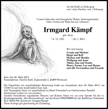 Traueranzeige von Irmgard Kämpf von Ostfriesischer Kurier