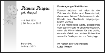 Traueranzeige von Hanne Hugen von Ostfriesischer Kurier