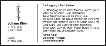 Traueranzeige von Johann Kleen von Ostfriesischer Kurier
