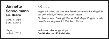 Traueranzeige von Jannette Schoolmann von Ostfriesischer Kurier