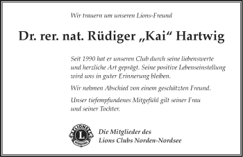 Traueranzeige von Rüdiger Hartwig von Ostfriesischer Kurier