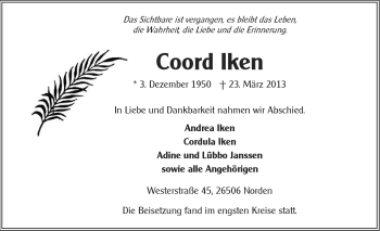 Traueranzeige von Coord Iken von Ostfriesischer Kurier