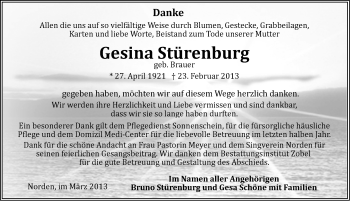 Traueranzeige von Gesine Stürenburg von Ostfriesischer Kurier