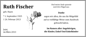 Traueranzeige von Ruth Fischer von Ostfriesischer Kurier