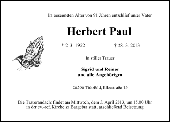Traueranzeige von Herbert Paul von Ostfriesischer Kurier