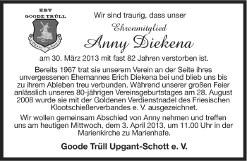 Traueranzeige von Anny Diekena von Ostfriesischer Kurier