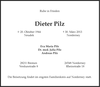 Traueranzeige von Dieter Pilz von Ostfriesischer Kurier