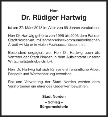 Traueranzeige von Rüdiger Hartwig von Ostfriesischer Kurier