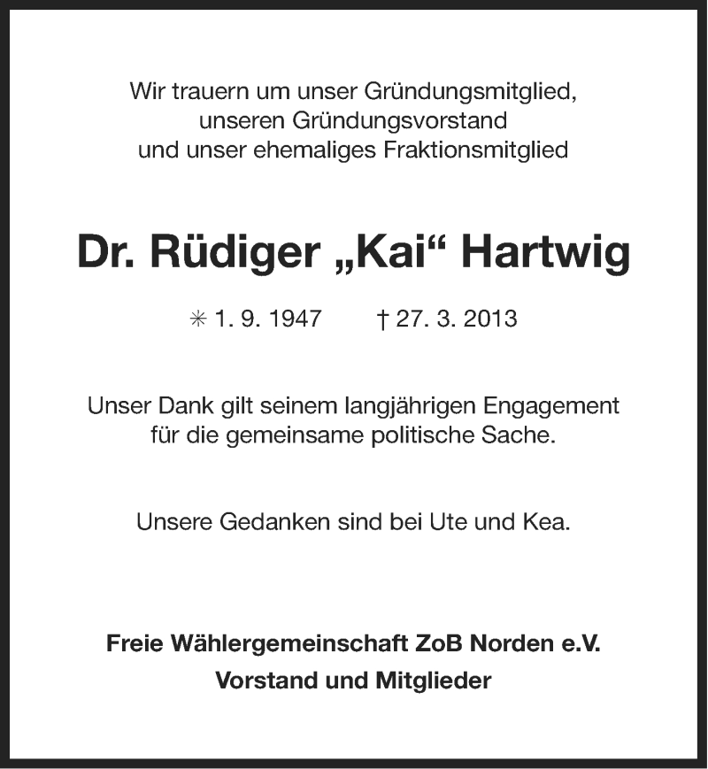  Traueranzeige für Rüdiger Hartwig vom 03.04.2013 aus Ostfriesischer Kurier