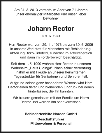 Traueranzeige von Johann Rector von Ostfriesischer Kurier