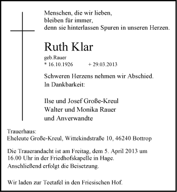 Traueranzeige von Ruth Klar von Ostfriesischer Kurier