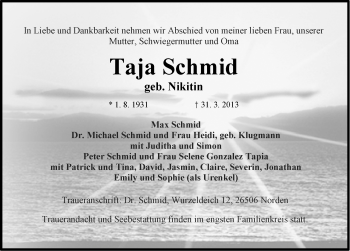 Traueranzeige von Taja Schmid von Ostfriesischer Kurier