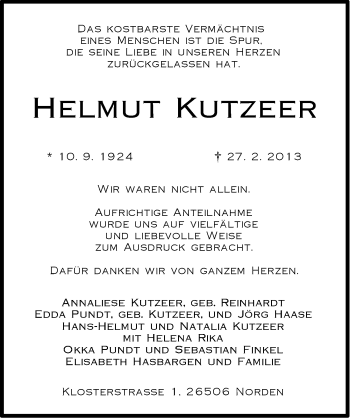 Traueranzeige von Helmut Kutzeer von Ostfriesischer Kurier