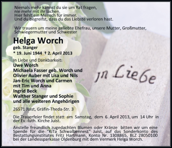 Traueranzeige von Helga Worch von Ostfriesischer Kurier