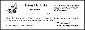 Traueranzeige von Lisa Brants von Ostfriesischer Kurier