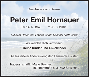 Traueranzeige von Peter Emil Hornauer von Ostfriesischer Kurier
