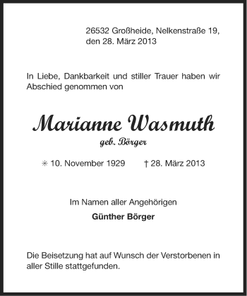 Traueranzeige von Marianne Wasmuth von Ostfriesischer Kurier