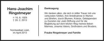Traueranzeige von Hans-Joachim Ringstmeyer von Ostfriesischer Kurier