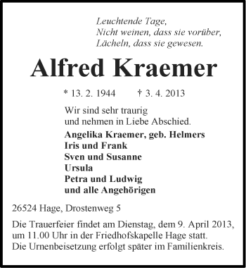 Traueranzeige von Alfred Kraemer von Ostfriesischer Kurier