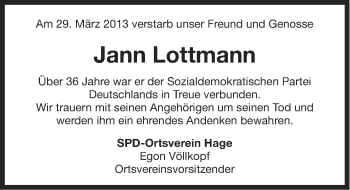 Traueranzeige von Jann Lottmann von Ostfriesischer Kurier