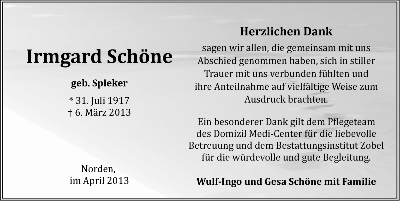 Traueranzeige für Irmgard Schöne vom 06.04.2013 aus Ostfriesischer Kurier