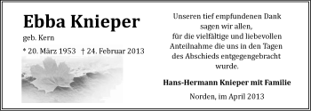 Traueranzeige von Ebba Knieper von Ostfriesischer Kurier