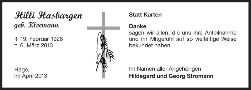  Traueranzeige für Hilli Hasbargen vom 06.04.2013 aus Ostfriesischer Kurier